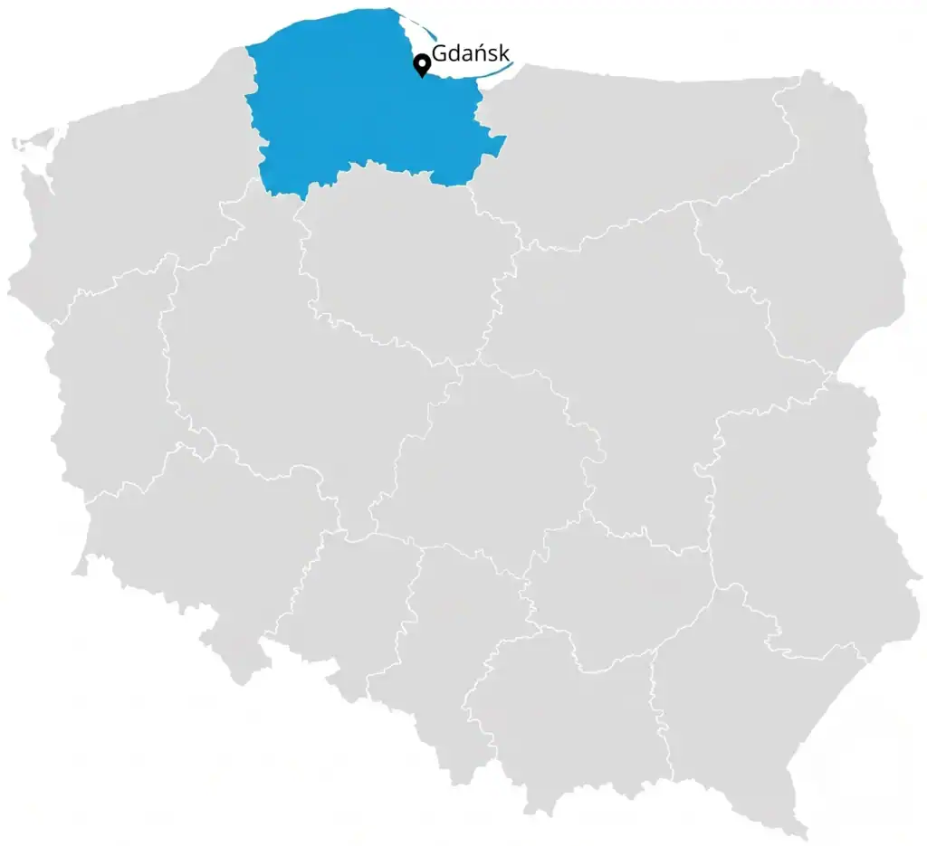 Mapa polski z zaznaczonym województwem pomorskim i Gdańskiem