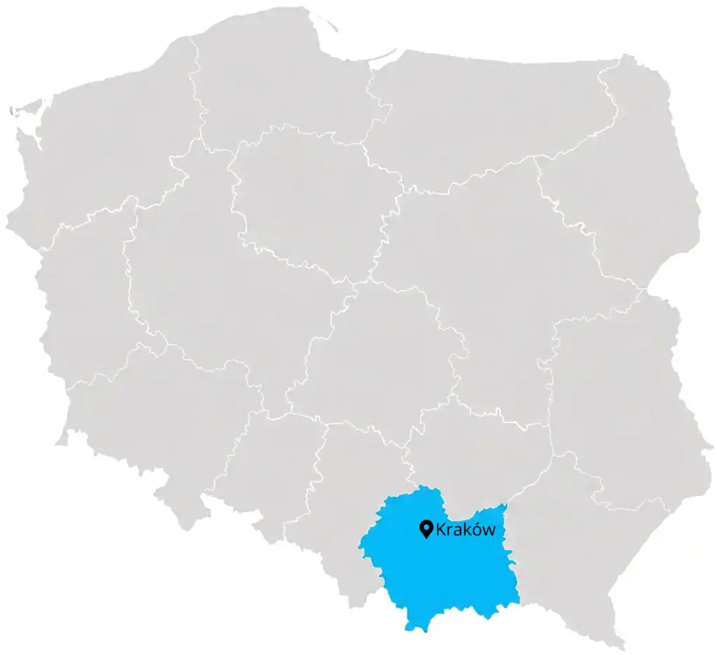 Mapa polski z zaznaczonym województwem małopolskim i Krakowem