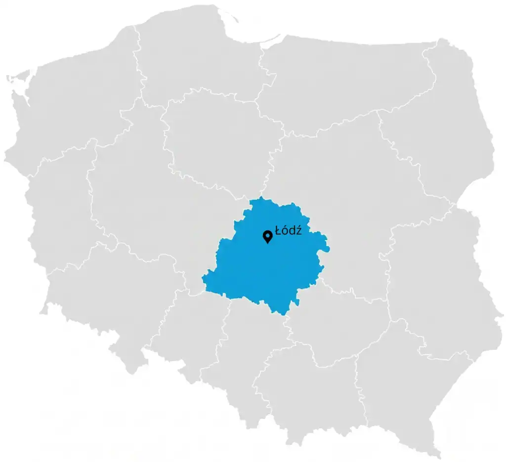 Mapa polski z zaznaczonym województwem łódzkim i Łodzią