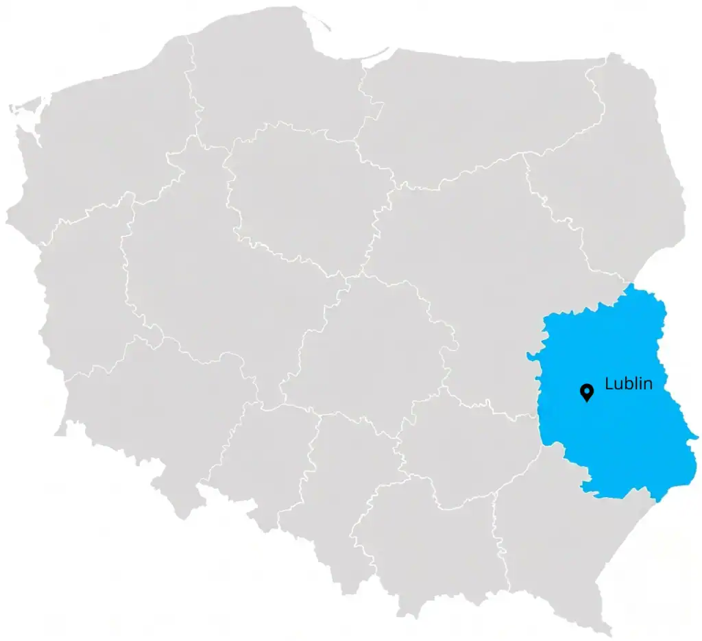 Mapa polski z zaznaczonym województwem lubelskim i Lublinem