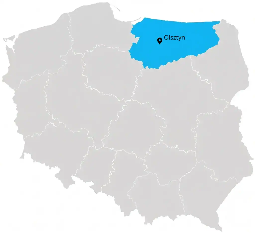 Mapa polski z zaznaczonym województwem warmińsko-mazurskim i Olsztynem