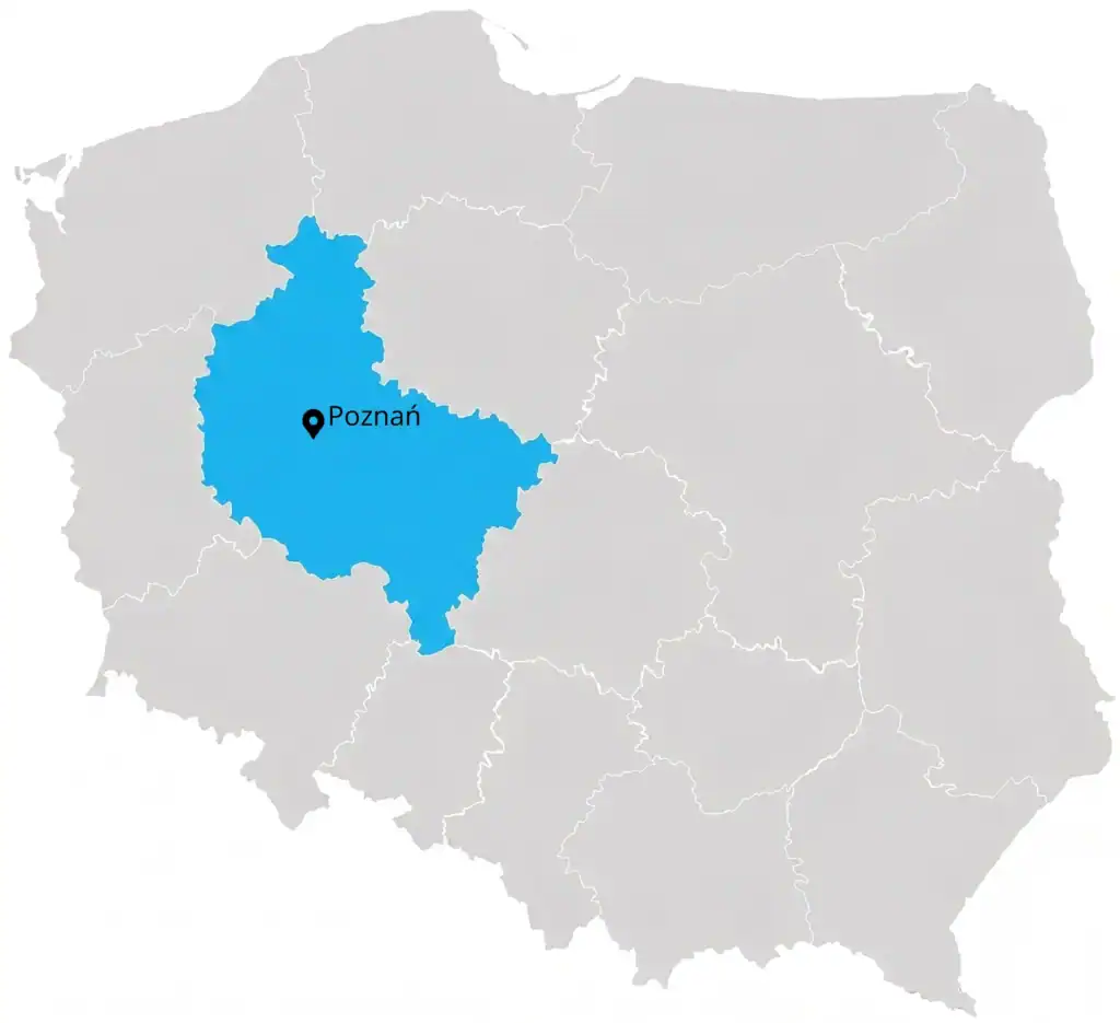 Mapa polski z zaznaczonym województwem wielkopolskim i Poznaniem
