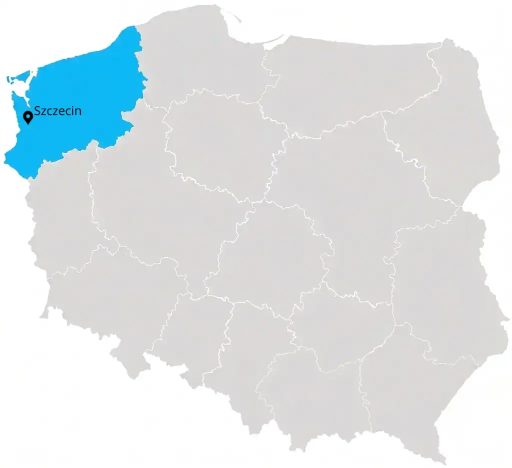 Mapa polski z zaznaczonym województwem zachodniopomorskim i Szczecinem