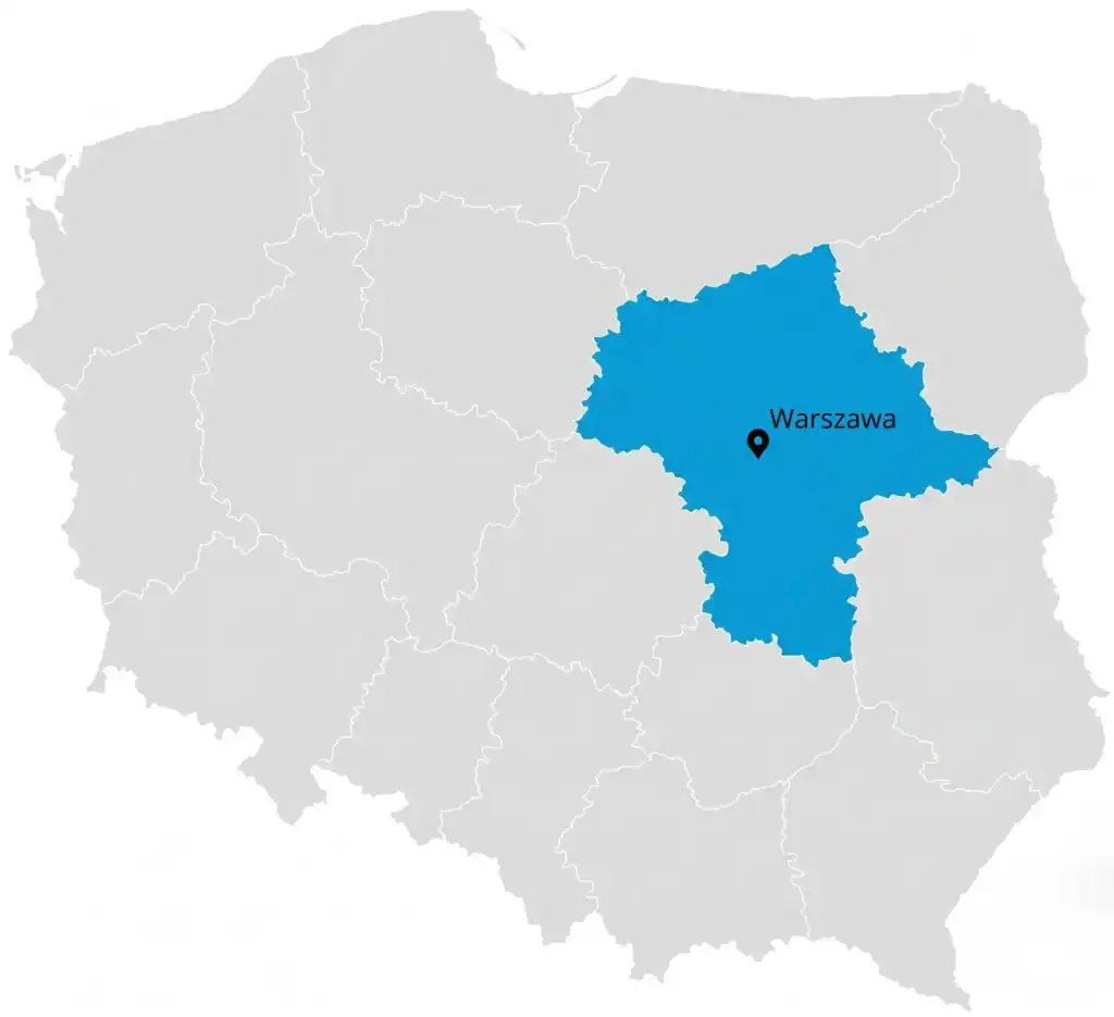 Mapa polski z zaznaczonym województwem mazowieckim i Warszawą