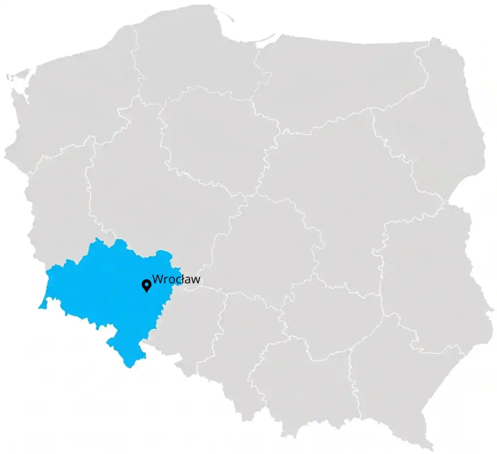 Mapa polski z zaznaczonym województwem dolnośląskim i Wrocławiem